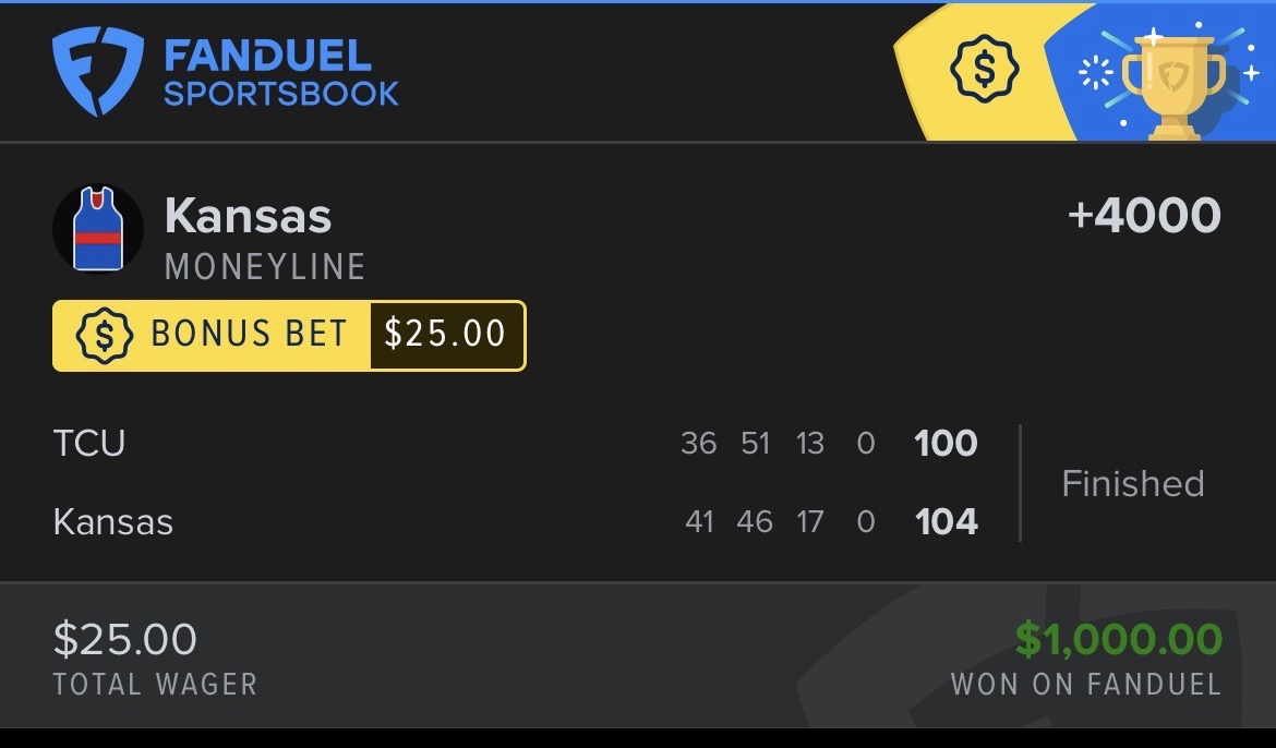Winning college basketball moneyline at +4000