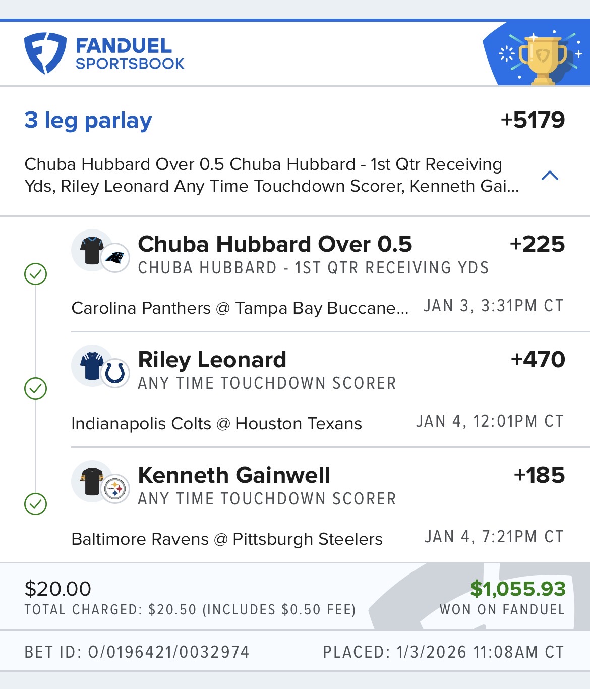 Winning 3-leg NFL parlay at +5179 on FanDuel